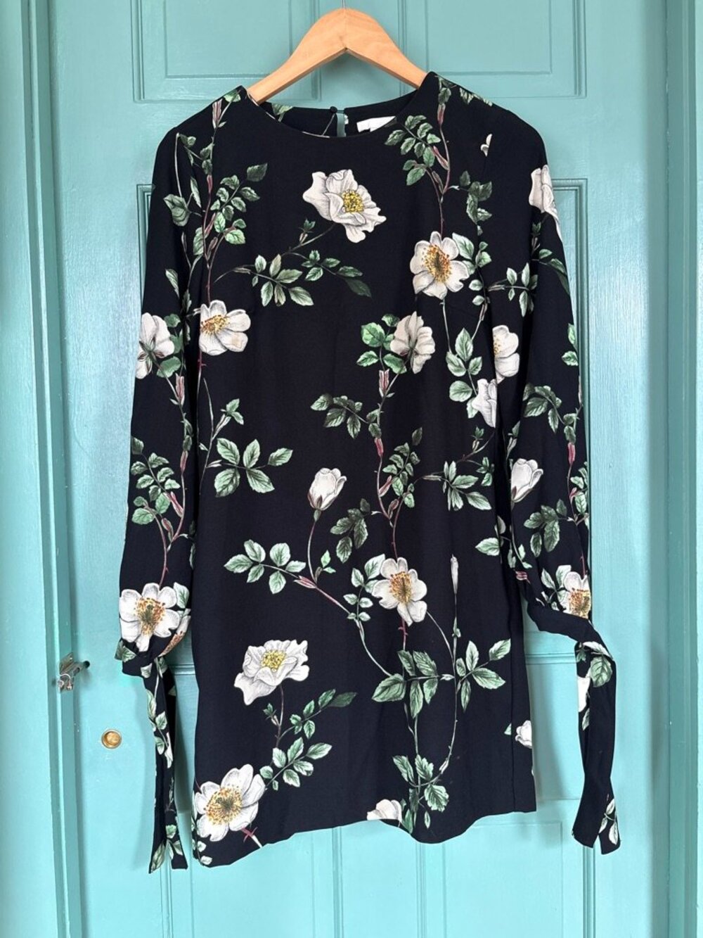 Dark Floral Shift Dress with Sleeve Ties and Pockets